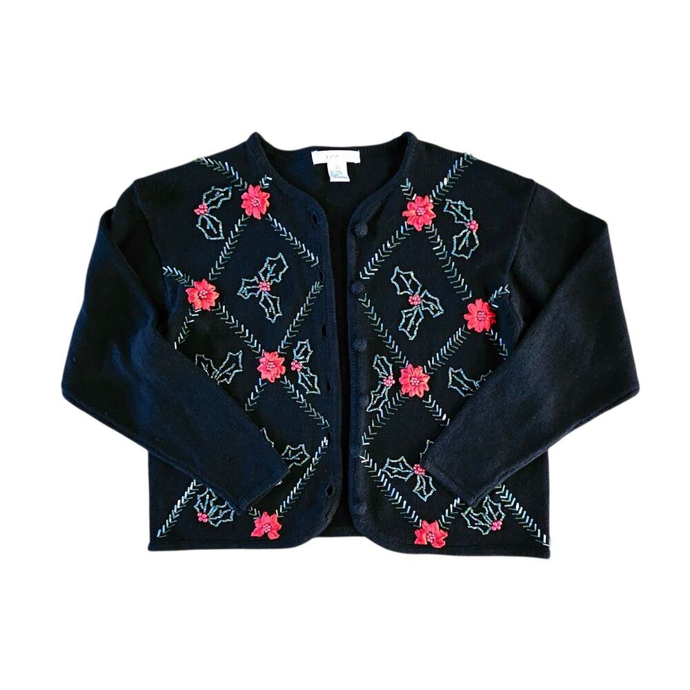 Vtg Christmas Cardigan Beaded Holly Poinsettia Ugly Sweater Party Size L Black